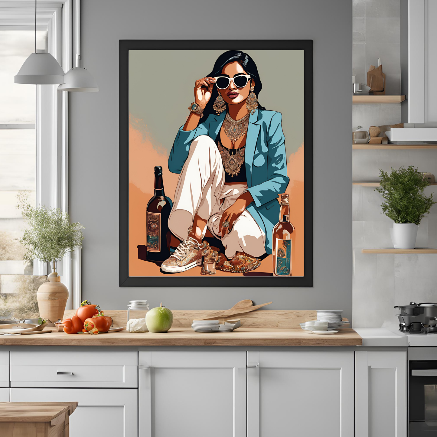 Desi Girl Drinks Framed A4 Fine Art Print - Portrait/Black