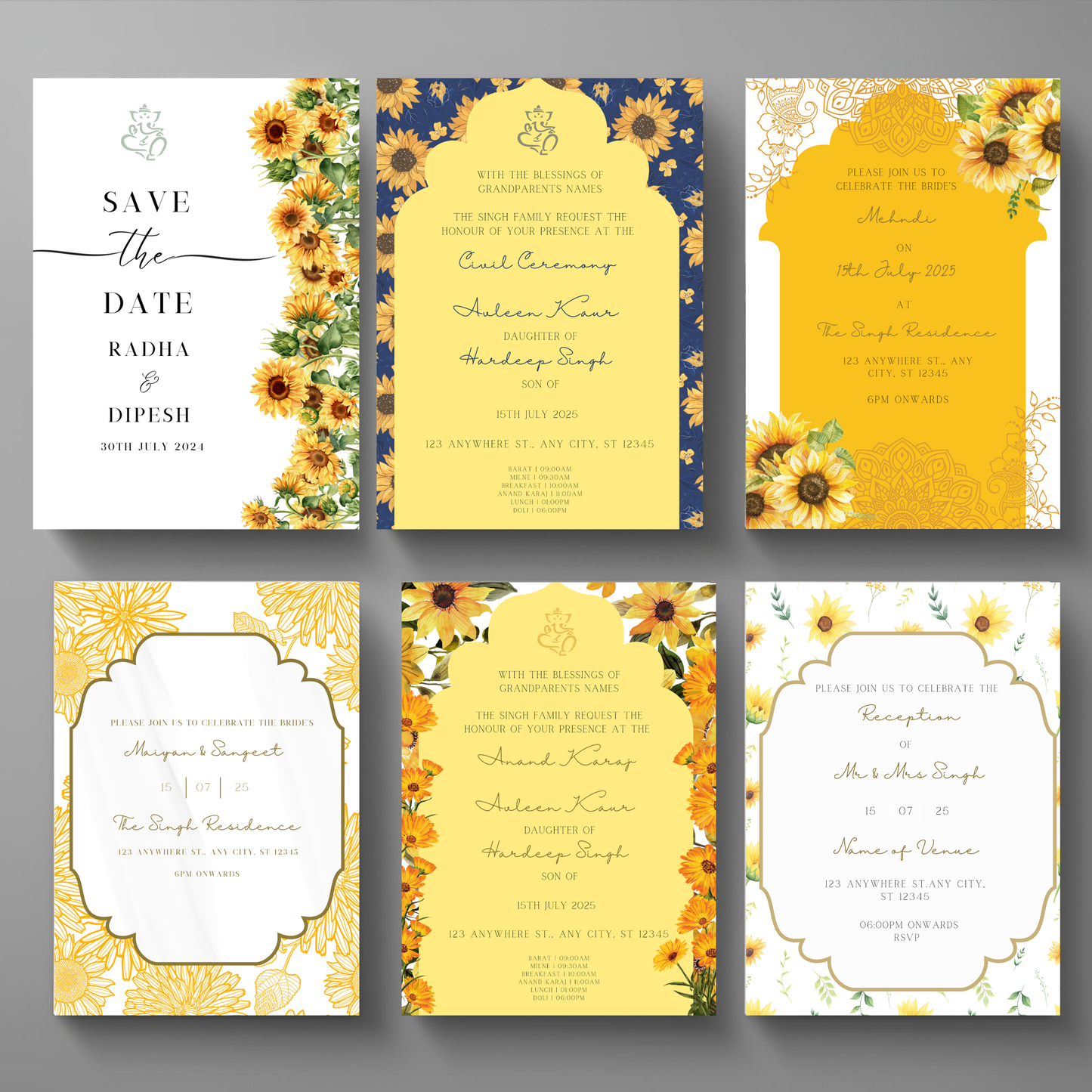 Sunflower Wedding Invitations 6 pcs Digital Download - Online Template