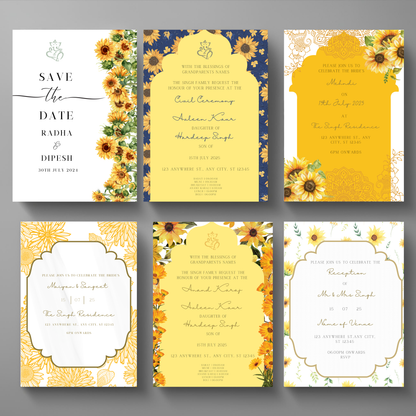 Sunflower Wedding Invitations 6 pcs Digital Download - Online Template
