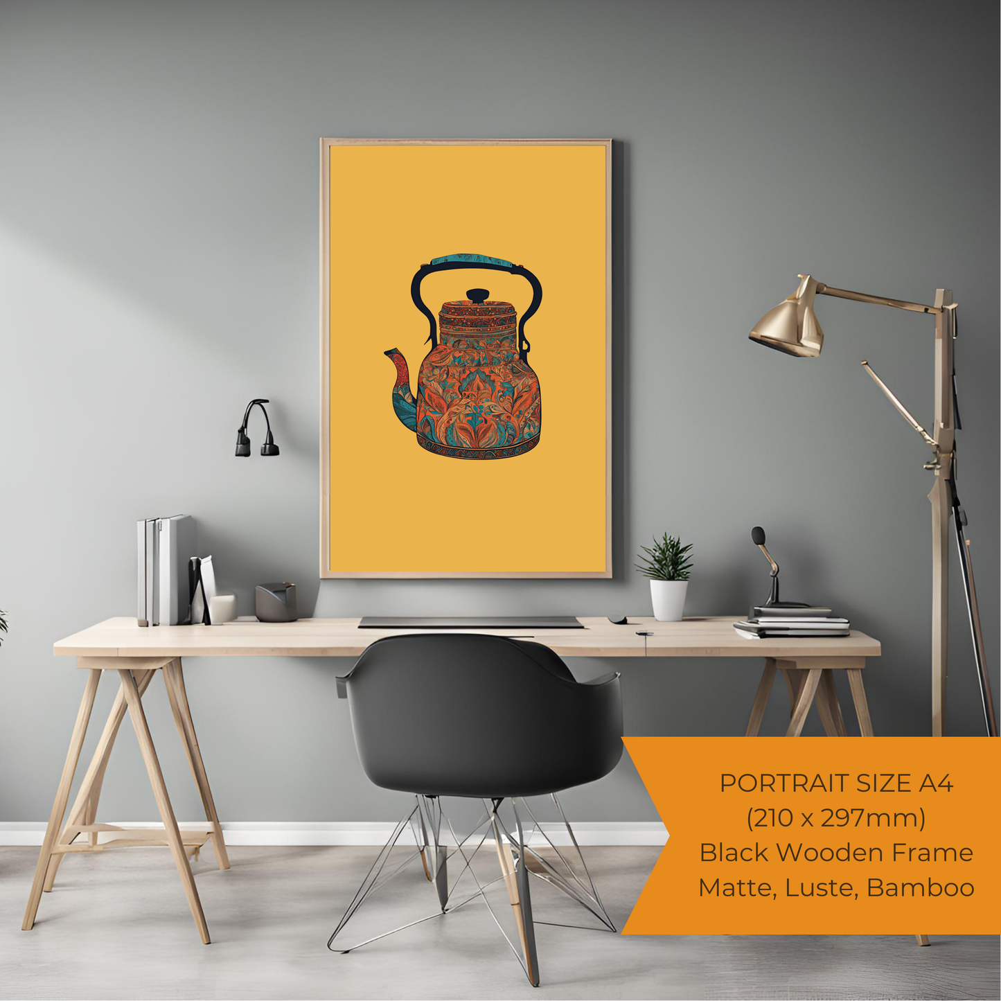 Kettle Pattern Black Framed A4 Portrait Print