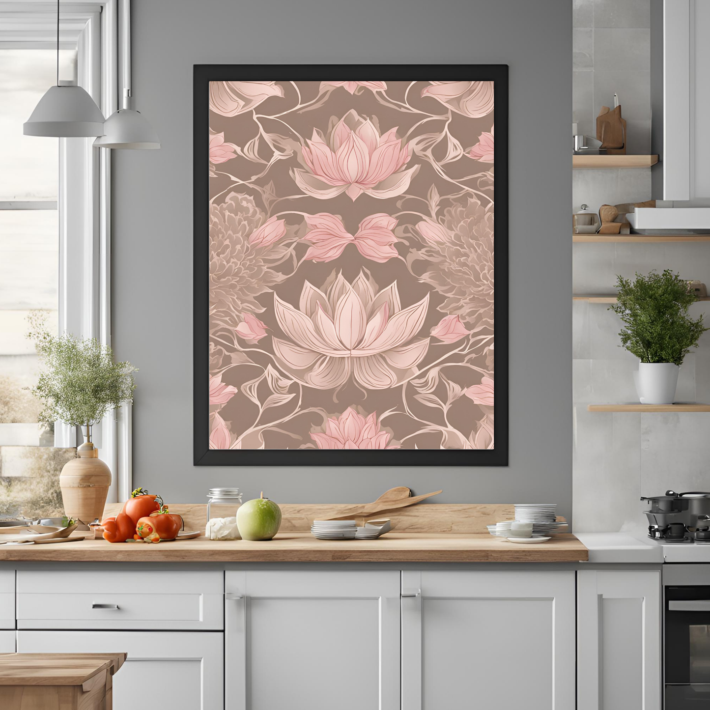 Pink Lotus Traditional Folk Print Beige - Digital Download