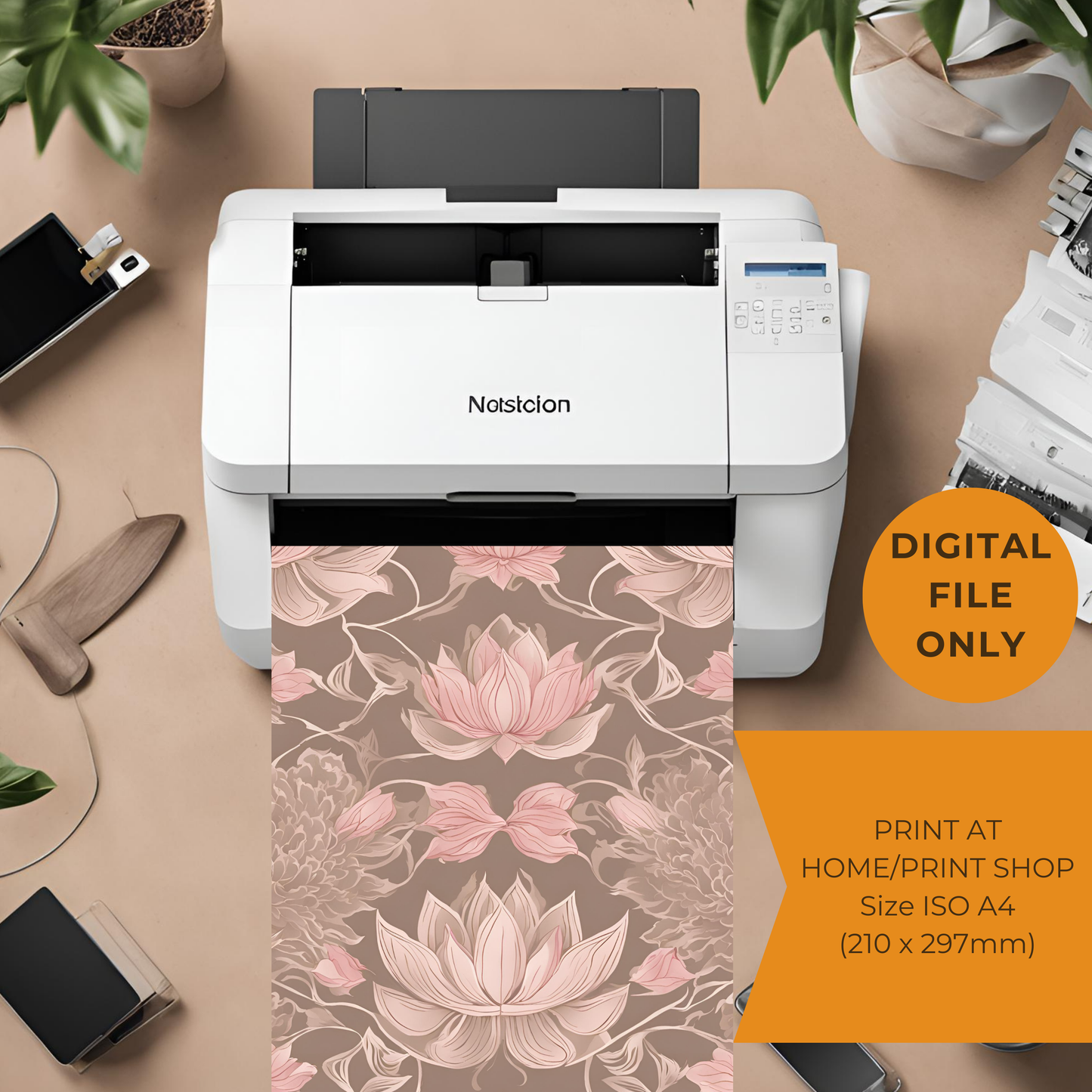 Pink Lotus Traditional Folk Print Beige - Digital Download