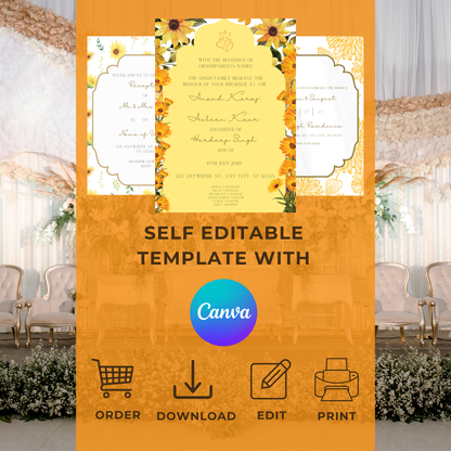 Sunflower Wedding Invitations 6 pcs Digital Download - Online Template
