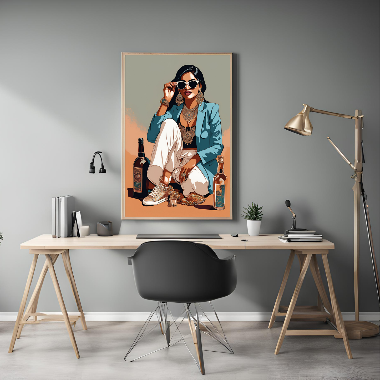 Desi Girl Drinks Framed A4 Fine Art Print - Portrait/Black