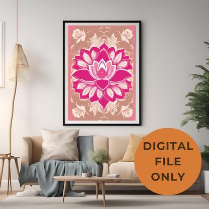 Pink Lotus Traditional Folk Print Hot Pink - Digital Download