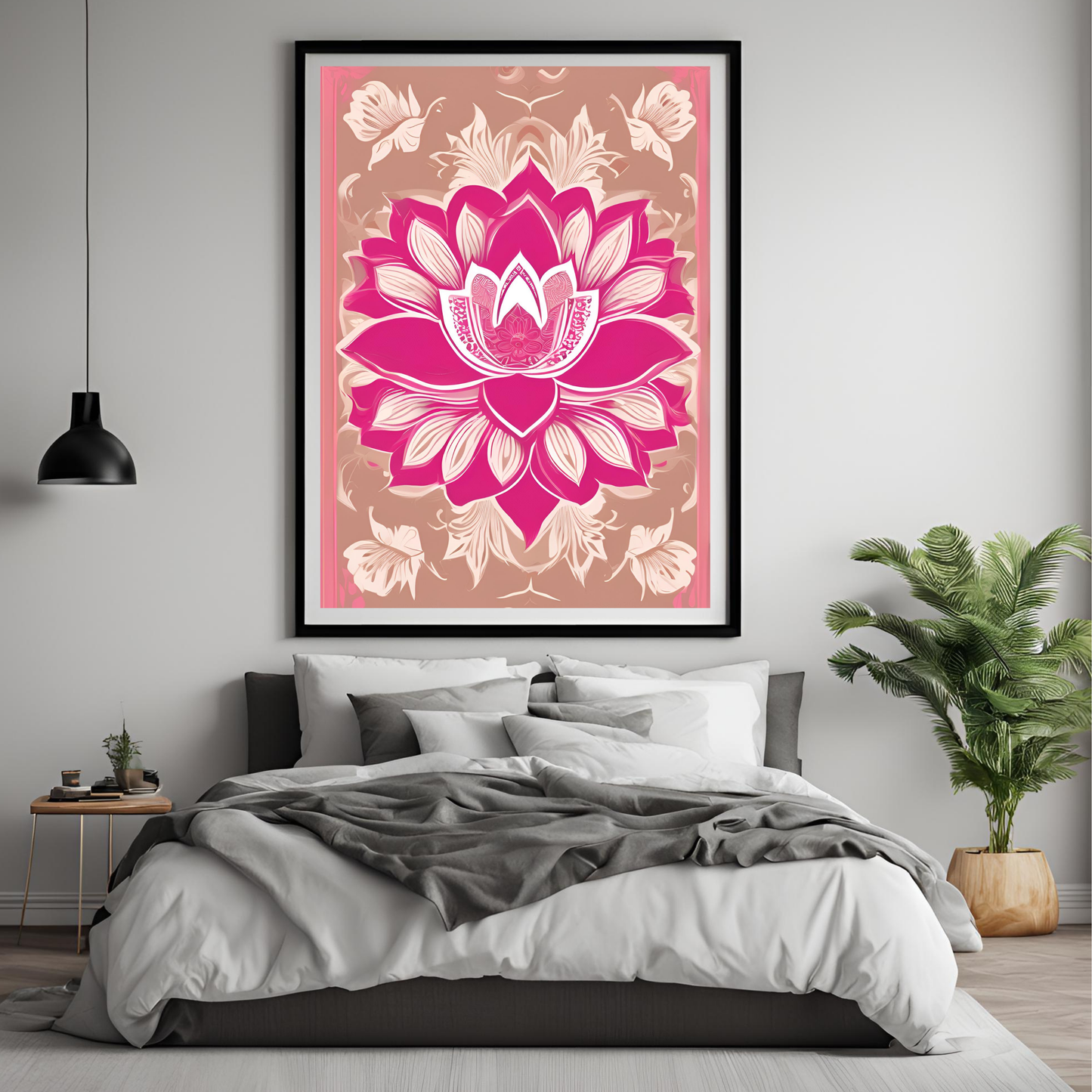 Pink Lotus Traditional Folk Print Hot Pink - Digital Download