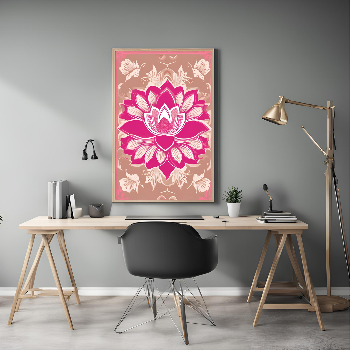 Pink Lotus Traditional Folk Print Hot Pink - Digital Download