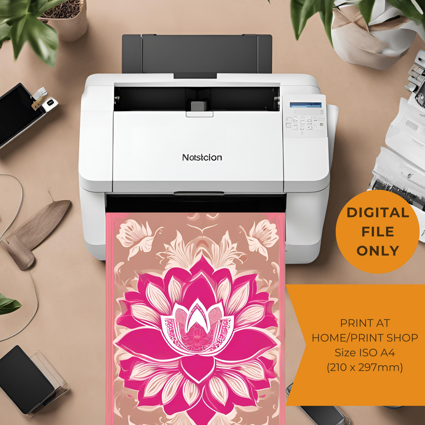 Pink Lotus Traditional Folk Print Hot Pink - Digital Download