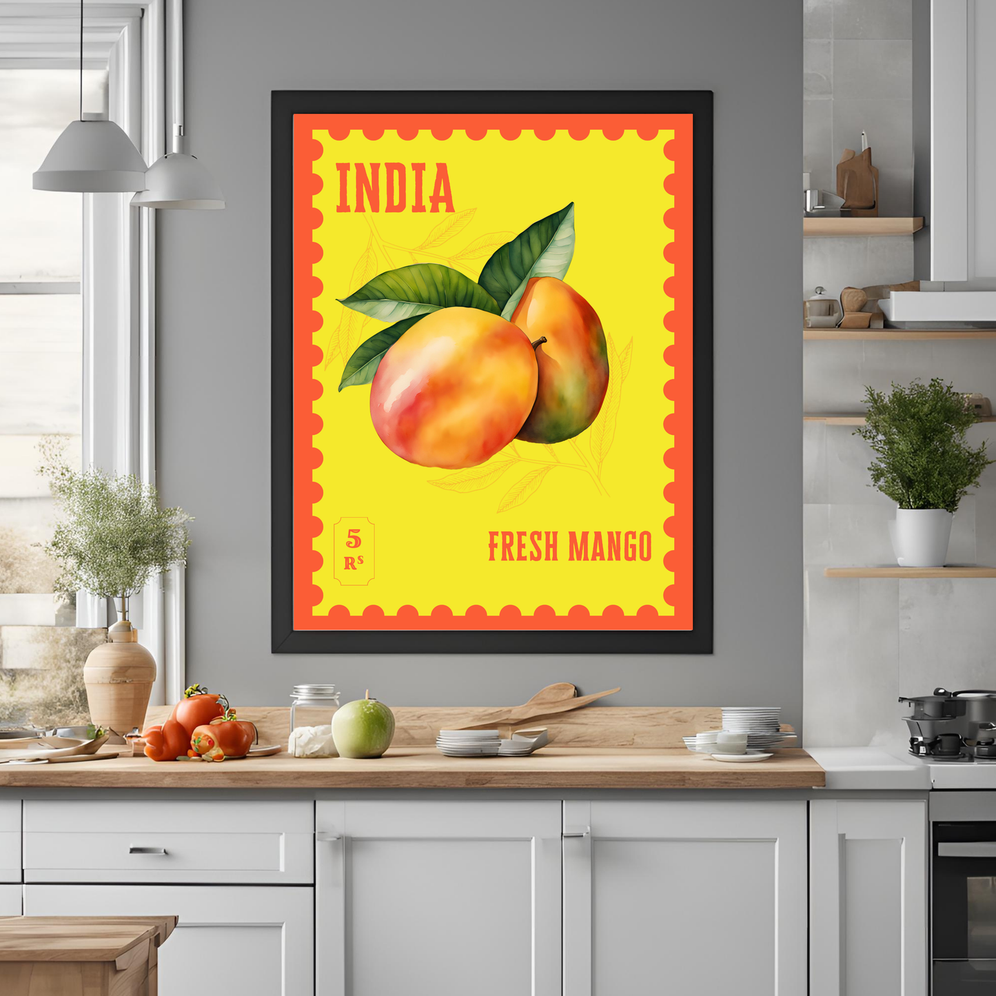 India Mango Stamp Framed A4 Fine Art Print - Portrait/Black