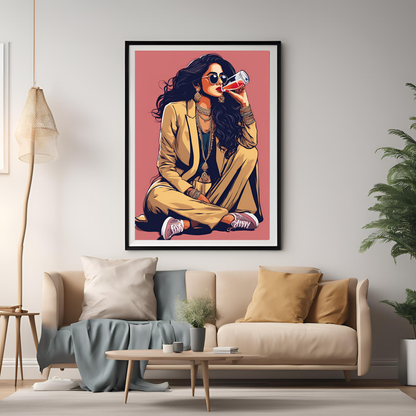 Desi Girl Drinking Juice Framed A4 Print - Portrait/Black