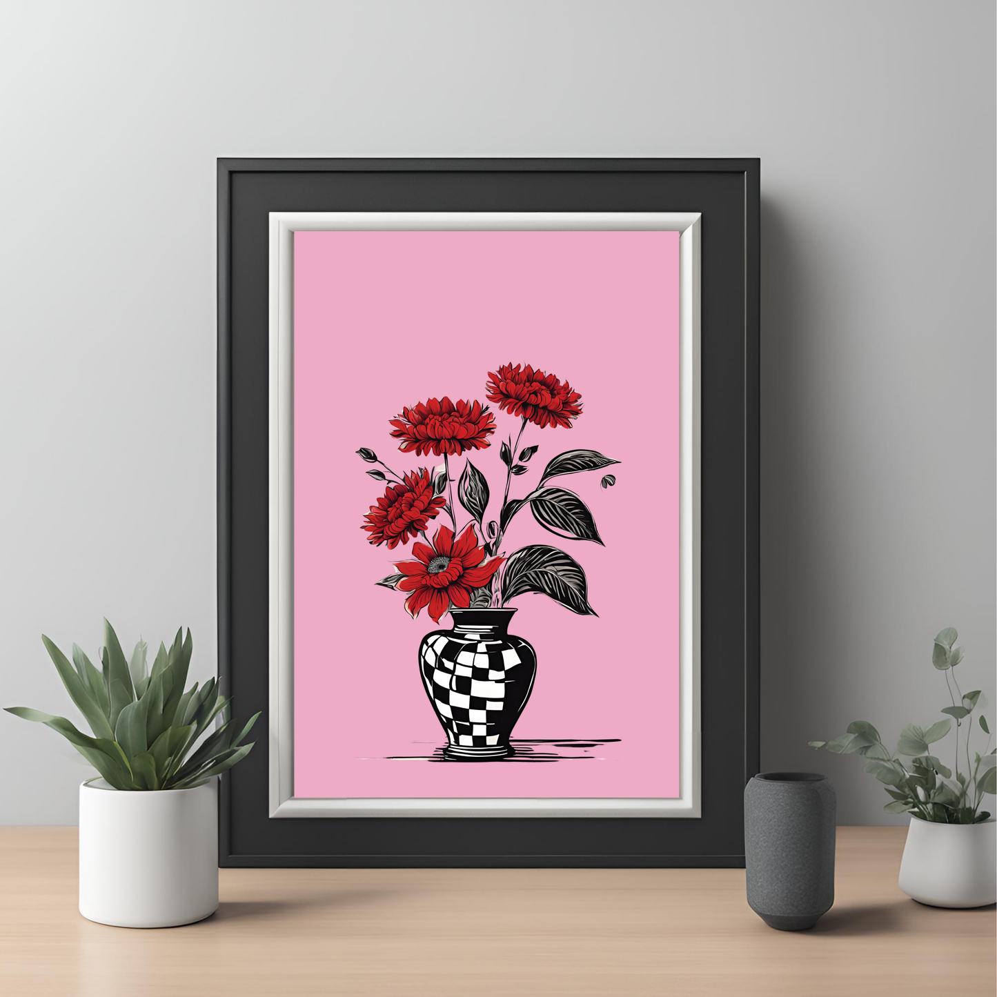 Pink Checkered Vase Wall Art Digital Download