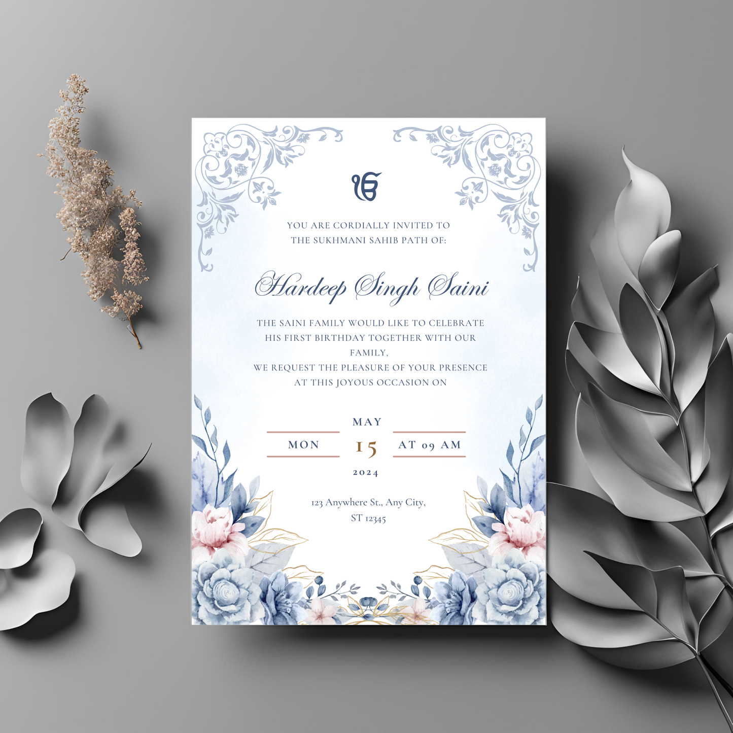 Blue Floral Sukhmani Sahib Invitation Digital Download - Online Template