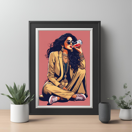 Desi Girl Drinking Juice Framed A4 Print - Portrait/Black