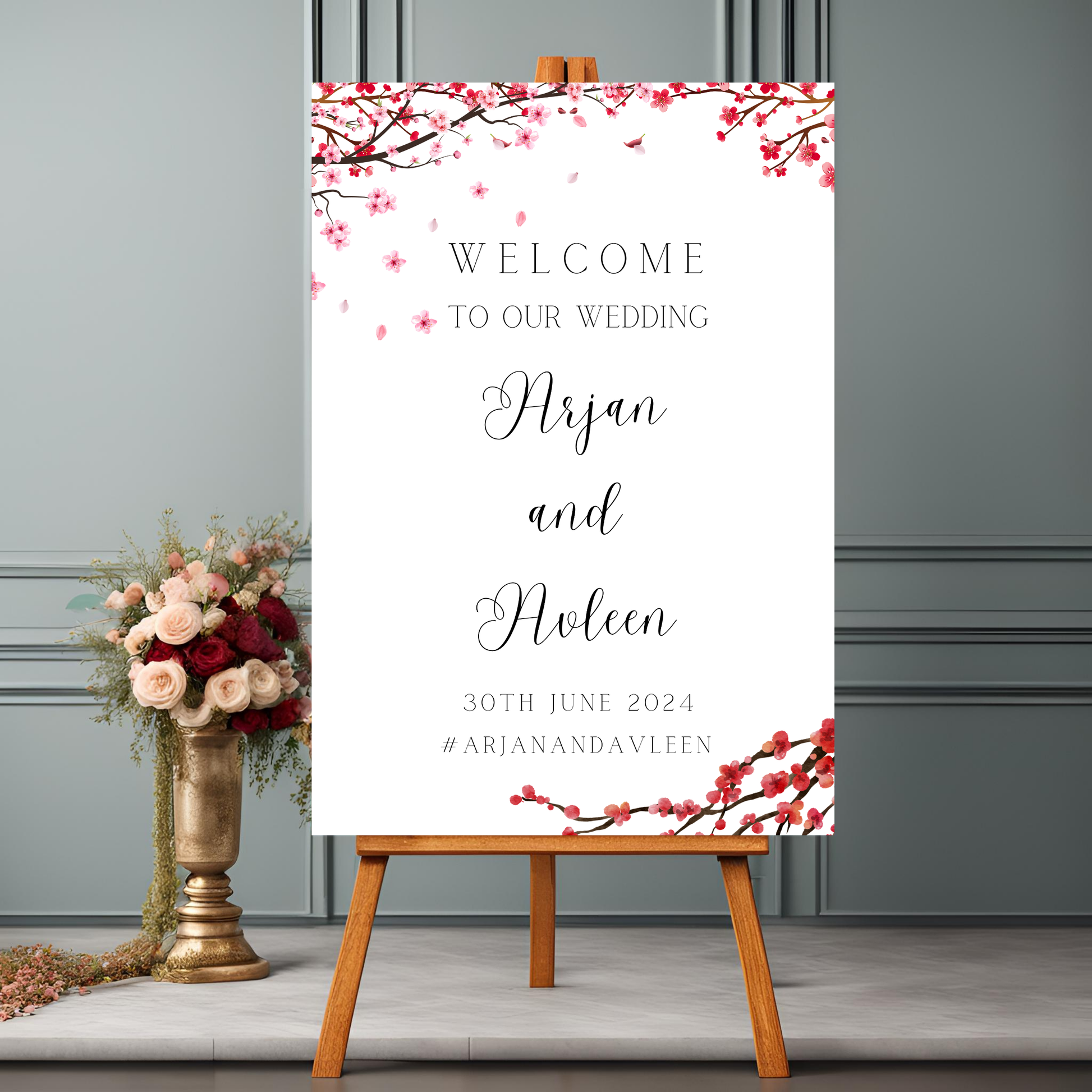a1 blossom themed wedding entrance board minimalist simple design digital online template affordable wedding decor