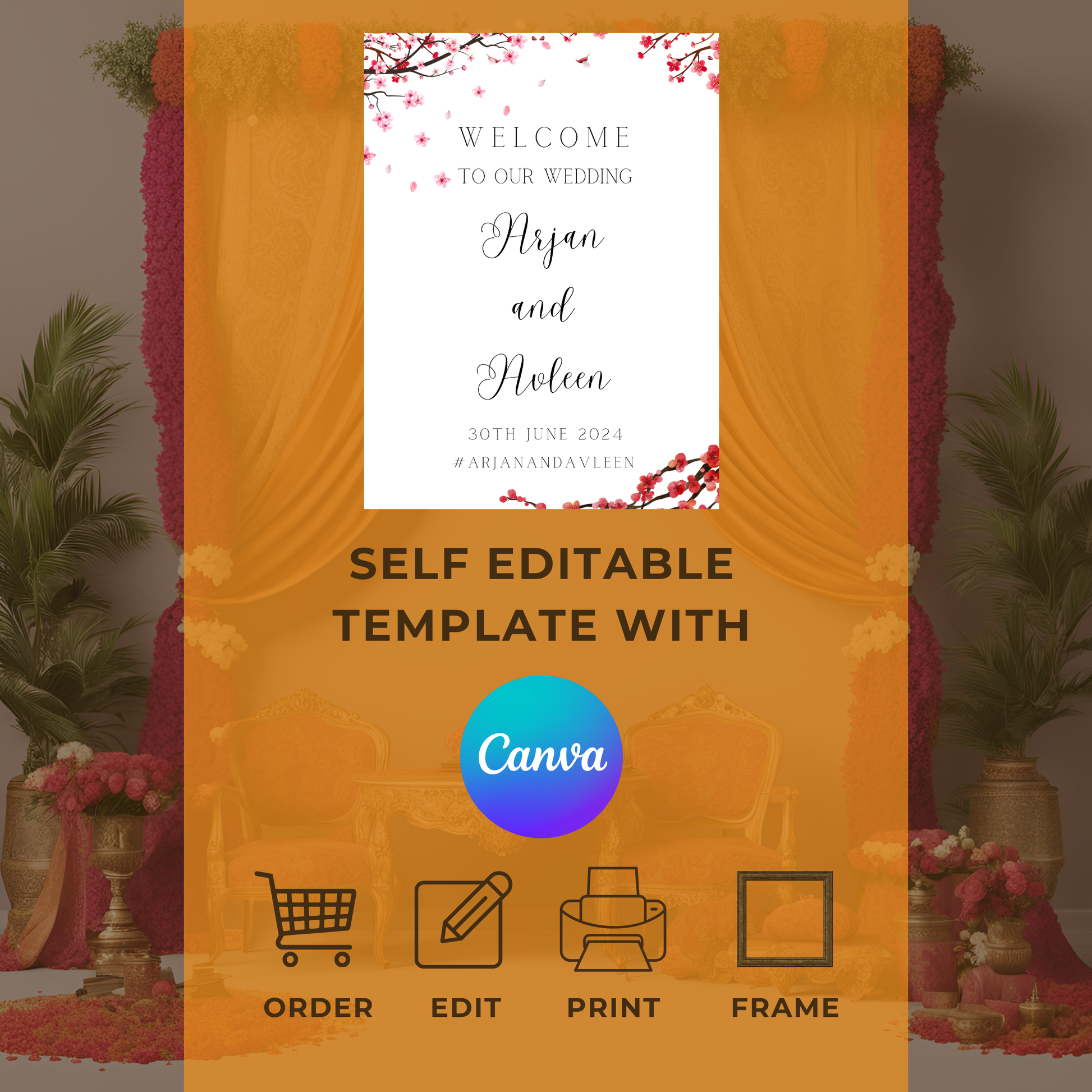 a1 blossom themed wedding entrance board minimalist simple design digital online template affordable wedding decor