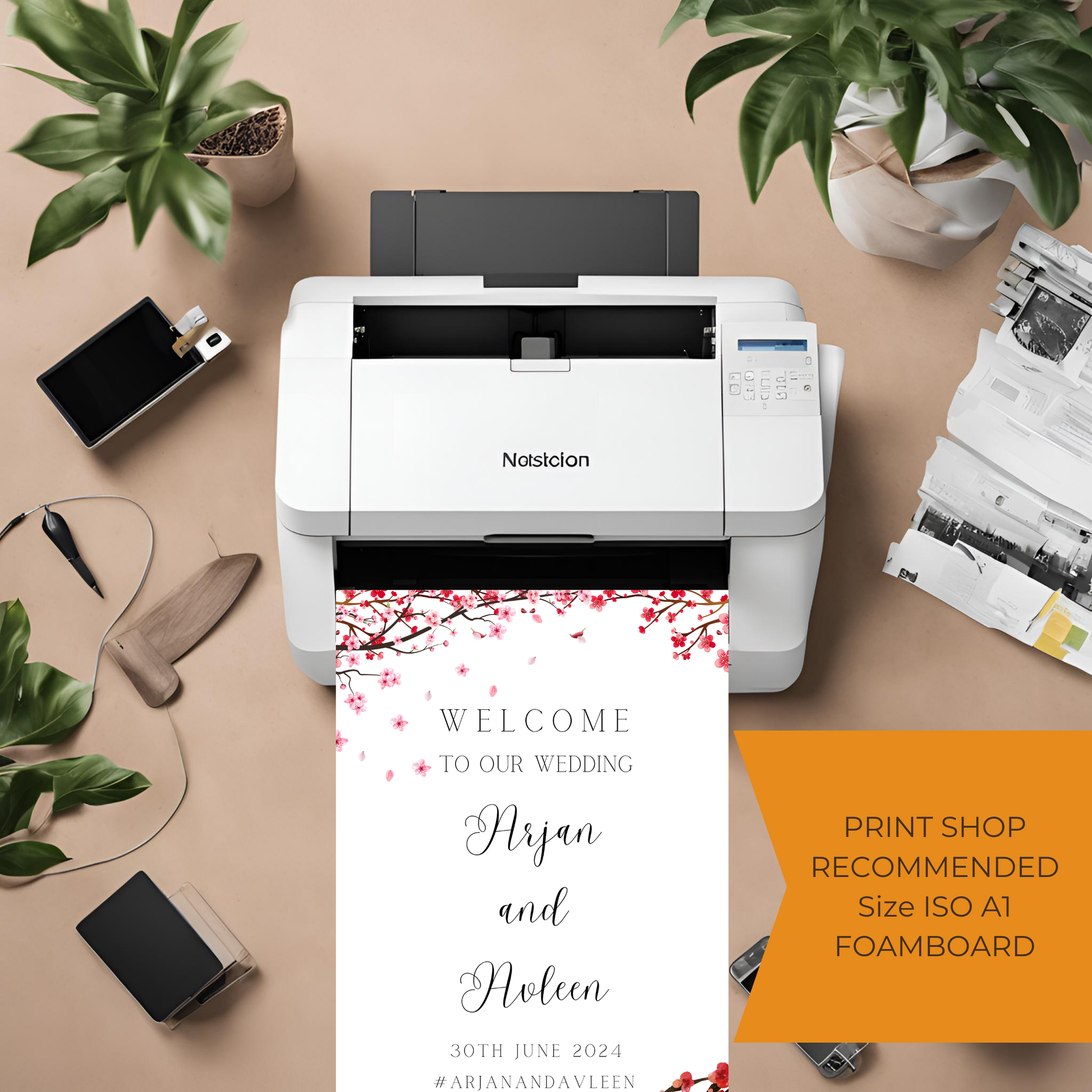 a1 blossom themed wedding entrance board minimalist simple design digital online template affordable wedding decor