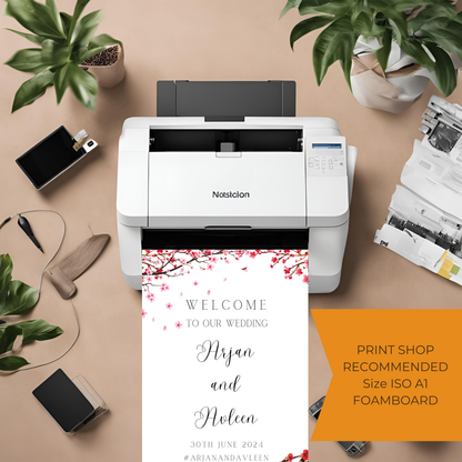 a1 blossom themed wedding entrance board minimalist simple design digital online template affordable wedding decor