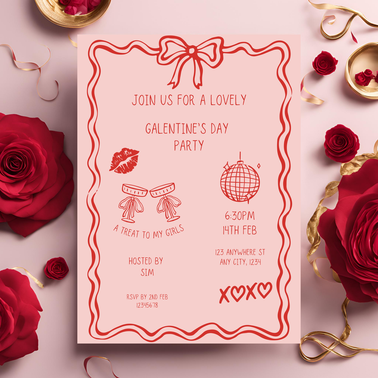 Galentines Invite Red Bow