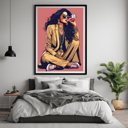 Desi Girl Drinking Juice Framed A4 Print - Portrait/Black
