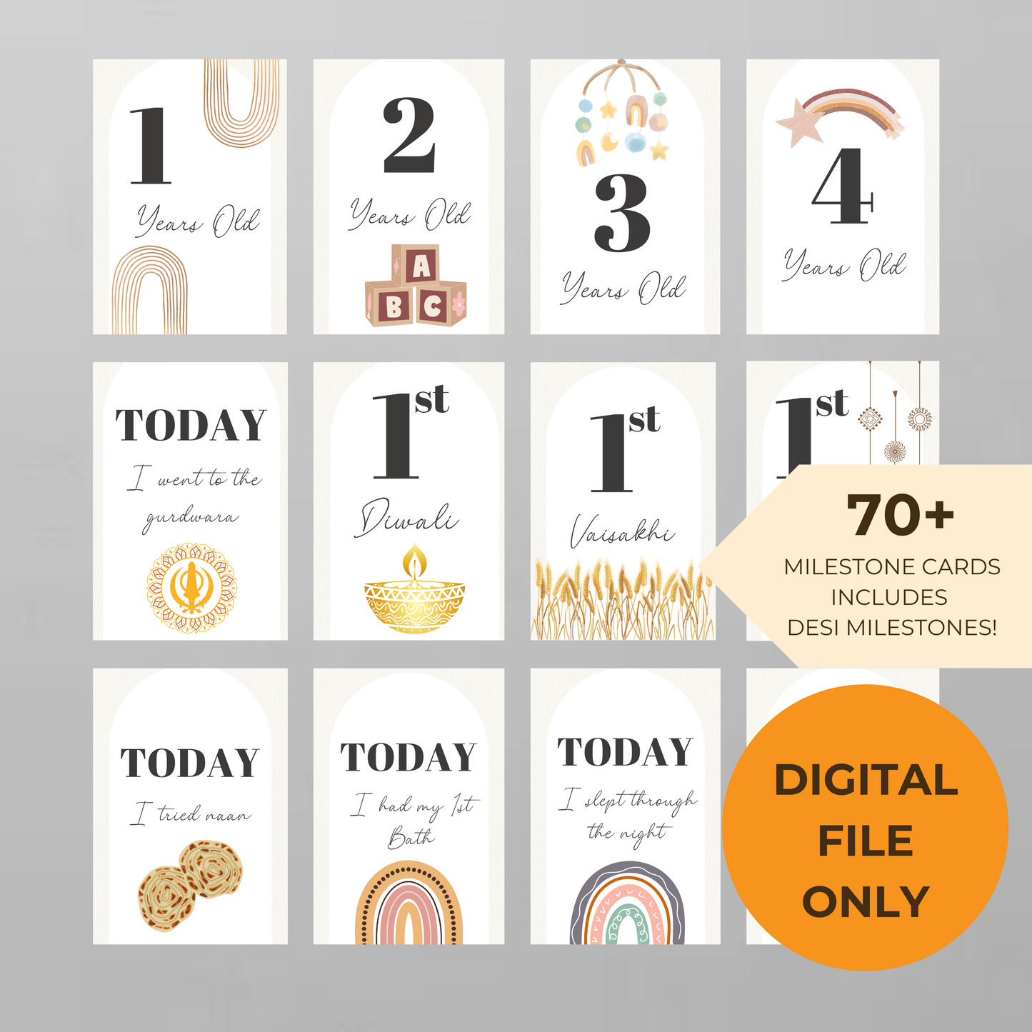 Baby Milestone Digital Download Card - Boho Theme Desi Cards