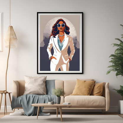 Indian Boss Girl in White Suit Black Framed A4 Art Portrait Print